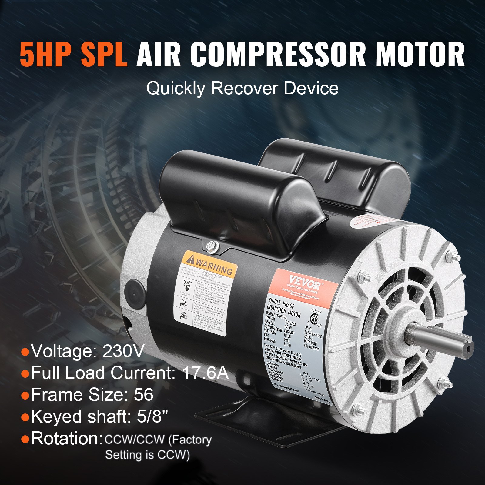VEVOR 5HP SPL Air Compressor Electric Motor, 230V 17.6Amps, 56 Frame 3450RPM, 5/8" Keyed Shaft, 1.88" Shaft Length, CW/CCW Rotation (Factory Setting is CCW), Single Phase