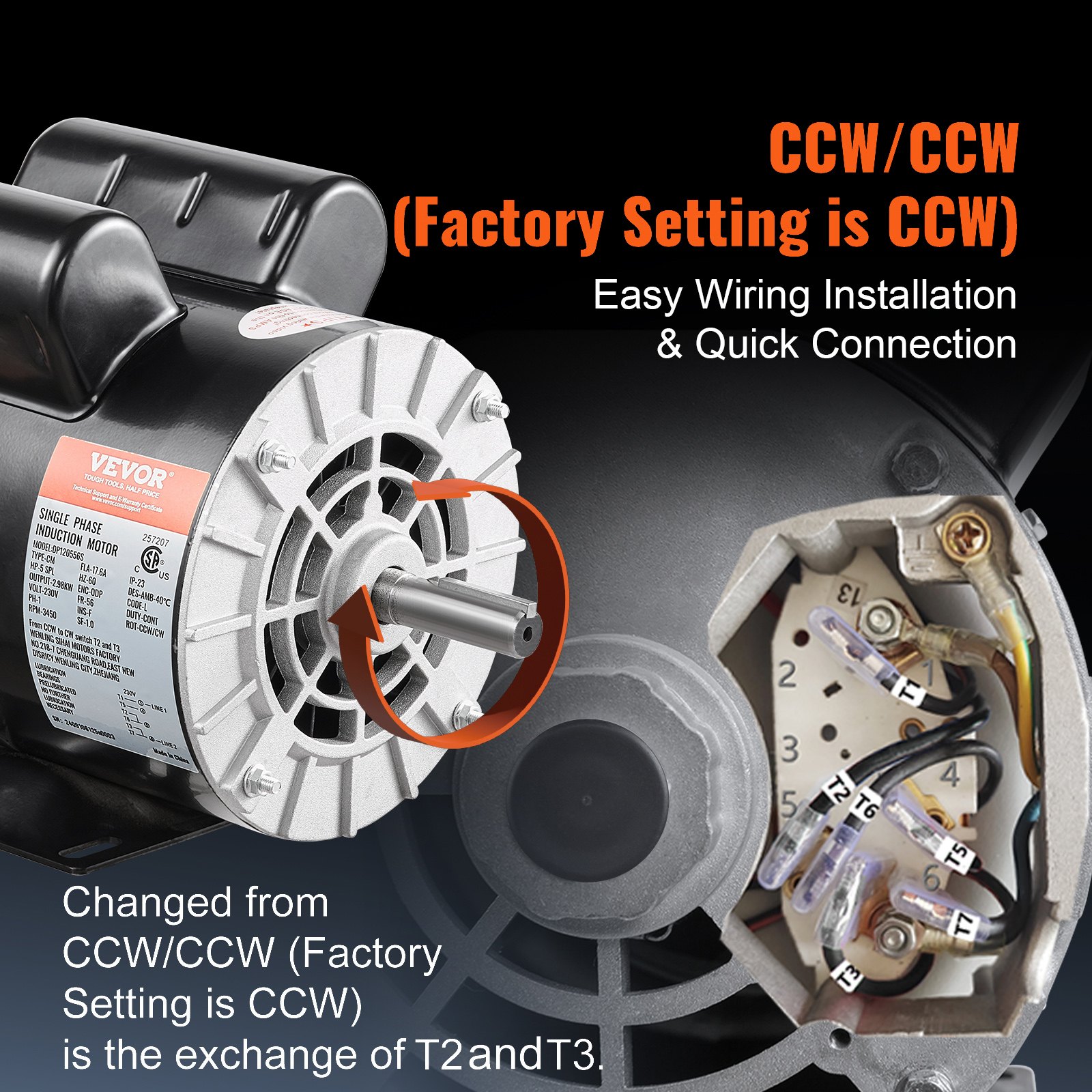 VEVOR 5HP SPL Air Compressor Electric Motor, 230V 17.6Amps, 56 Frame 3450RPM, 5/8" Keyed Shaft, 1.88" Shaft Length, CW/CCW Rotation (Factory Setting is CCW), Single Phase