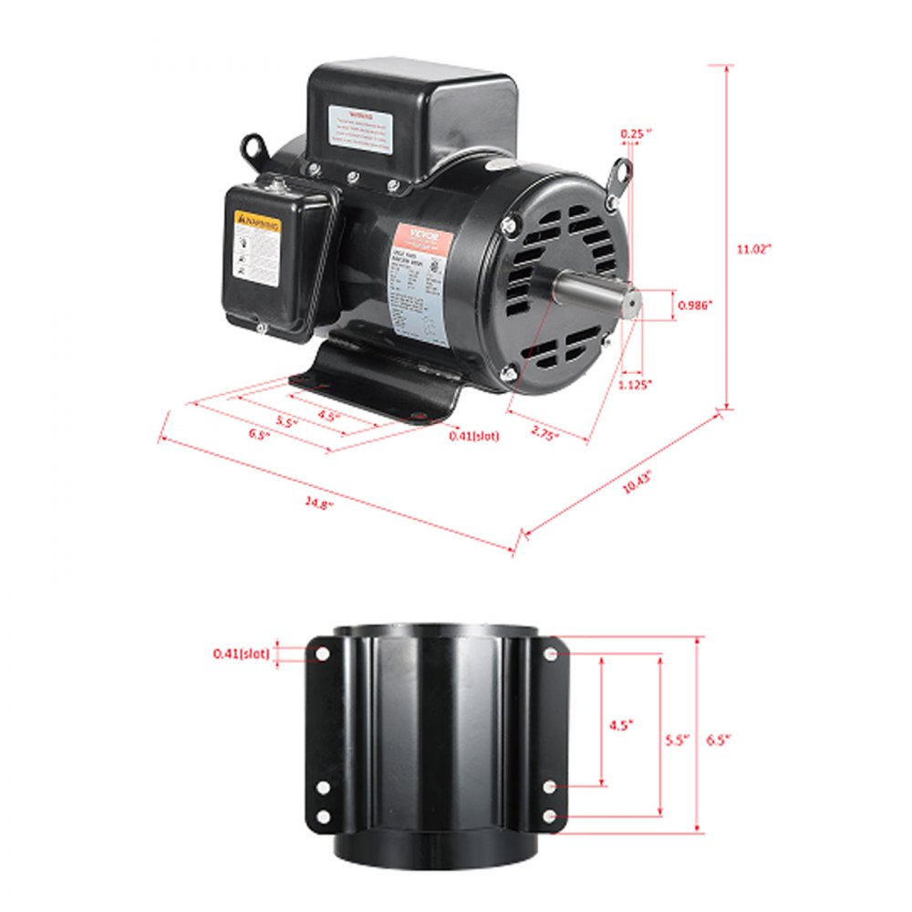 VEVOR 7.5HP Air Compressor Motor, 230V 31.6 Amps Electric Motor, 3450RPM 184T Frame, 1-1/8" Keyed Shaft, 2.75" Shaft Length for Air Compressors, Single Phase, CCW/CCW (Factory Setting is CCW)