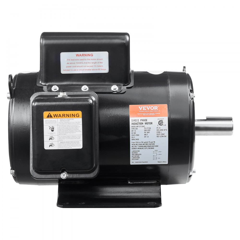 VEVOR 7.5HP Air Compressor Motor, 230V 31.6 Amps Electric Motor, 3450RPM 184T Frame, 1-1/8" Keyed Shaft, 2.75" Shaft Length for Air Compressors, Single Phase, CCW/CCW (Factory Setting is CCW)