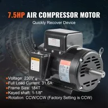 7.5HP Air Compressor Electric Motor 230V 31.6A 3450RPM 184T Frame CW/CCW Rotate (Factory Setting is CCW)