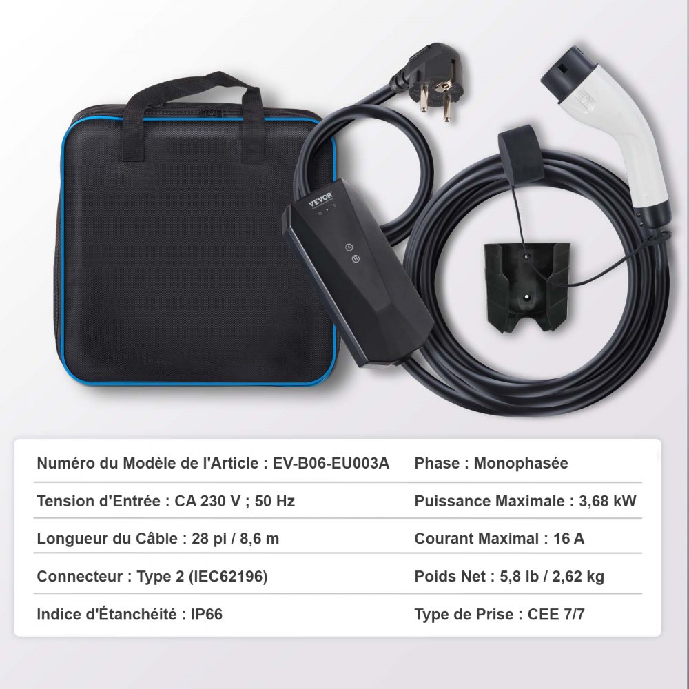 VEVOR Portable EV Charger Type 2, 16A 3.7 kW, Electric Vehicle Car Charger with 8.6m Charging Cable CEE 7/7 Plug, IEC 62196 Home EV Charging Station with Storage Bag Charging Cable Hook, IP66