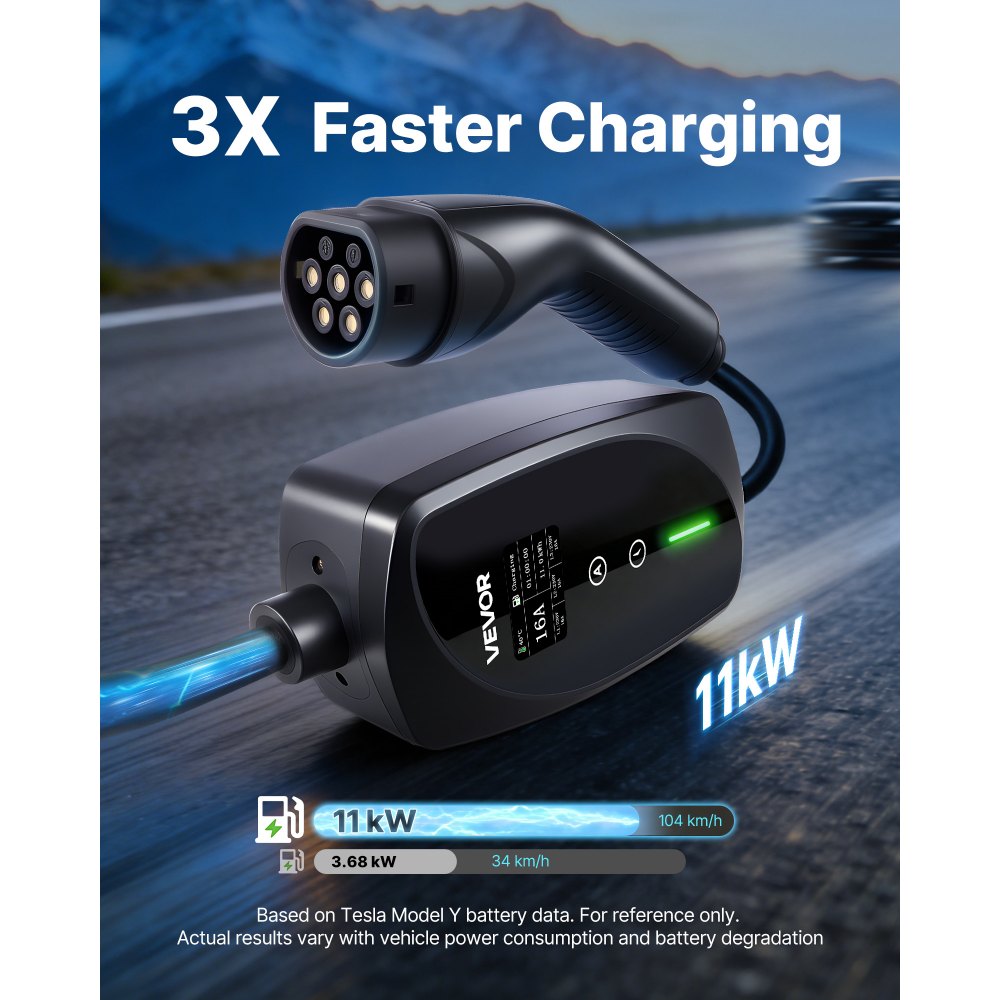 VEVOR Mobile Wallbox, 11 kW 16A, Type 2 Portable EV Charger, 3 Phase Electric Vehicle Car Charger with 8 m Charging Cable, CEE16 Plug, LCD Screen, Adjustable EV Charging Station, IP66 Control Box