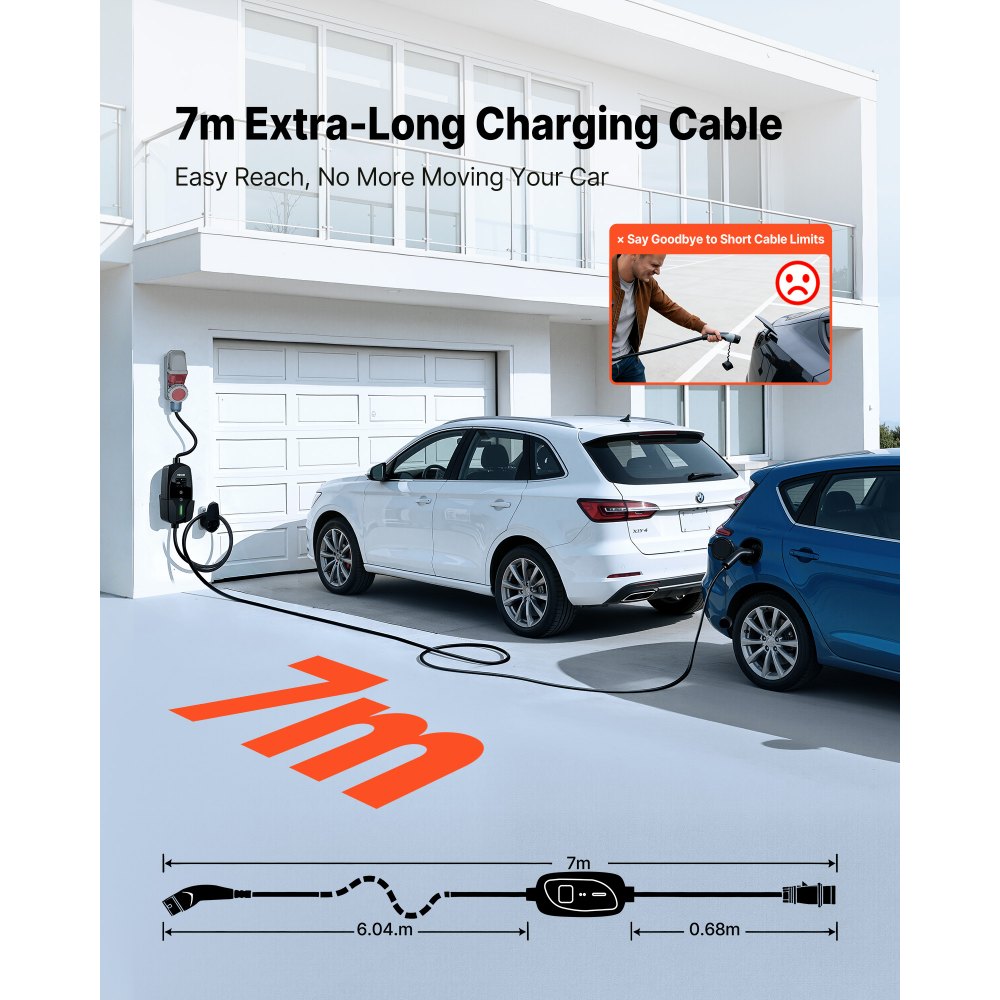 VEVOR Mobile Wallbox, 22 kW 32A, Type 2 Portable EV Charger, 3 Phase Electric Vehicle Car Charger with 7 m Charging Cable, CEE32 Plug, LCD Screen, Adjustable EV Charging Station, IP66 Control Box