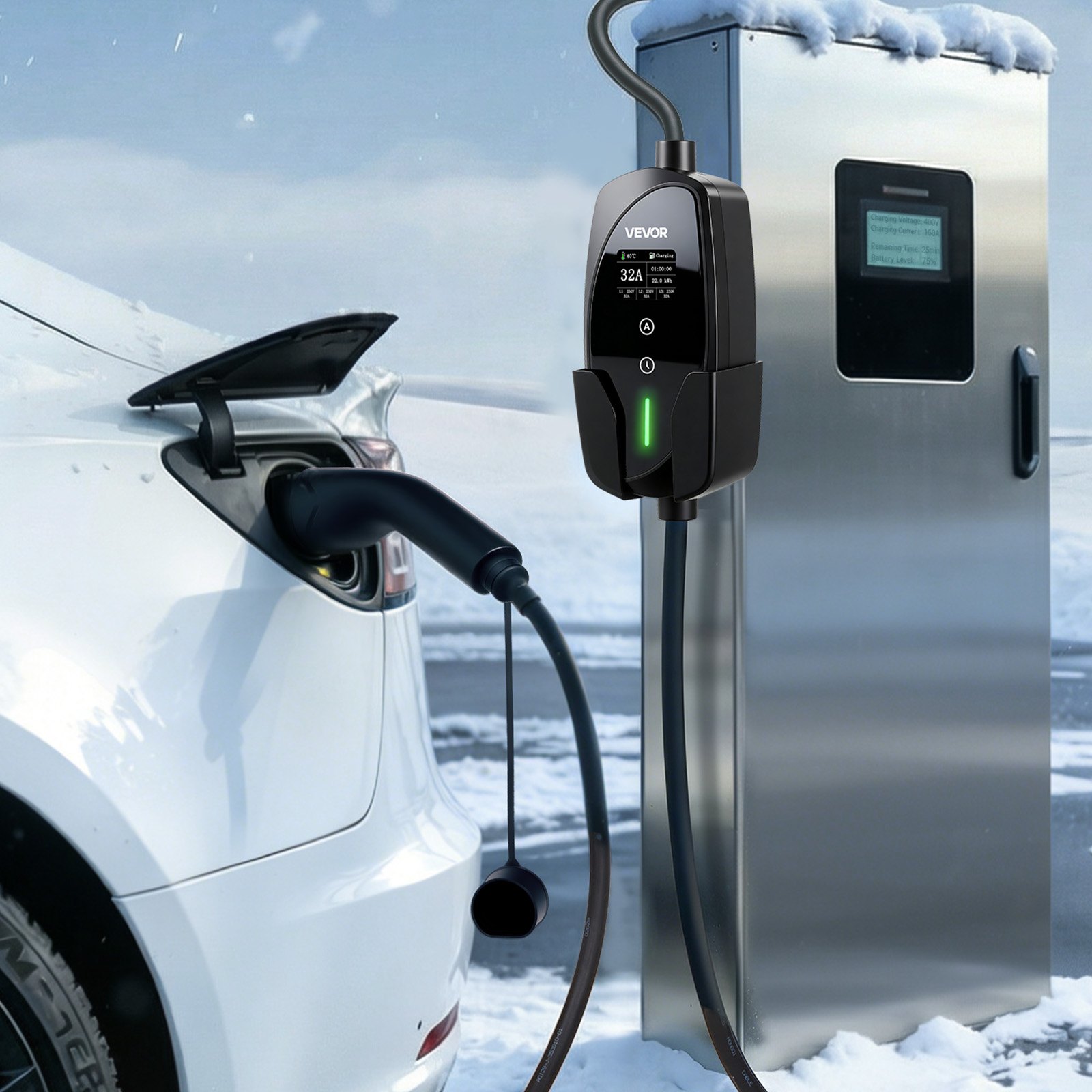 VEVOR Mobile Wallbox, 22 kW 32A, Type 2 Portable EV Charger, 3 Phase Electric Vehicle Car Charger with 7 m Charging Cable, CEE32 Plug, LCD Screen, Adjustable EV Charging Station, IP66 Control Box