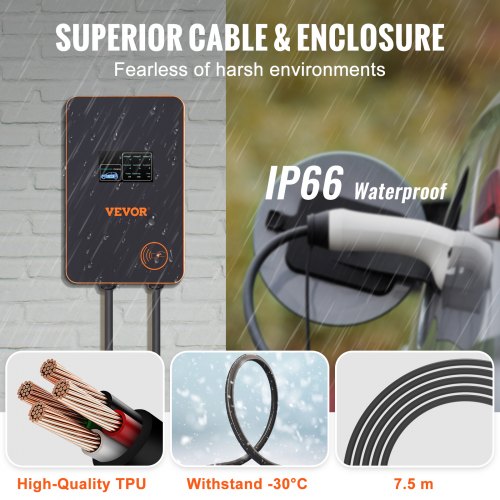 VEVOR Electric Vehicle Charging Station, 0-32A Adjustable, 7 kW 220-240V Type 2 Smart EV Car Charger with WiFi & LCD, 7.5M TPE Charging Cable, IEC 62196-2 for Indoor/Outdoor Use, IP66 & TUV Certified