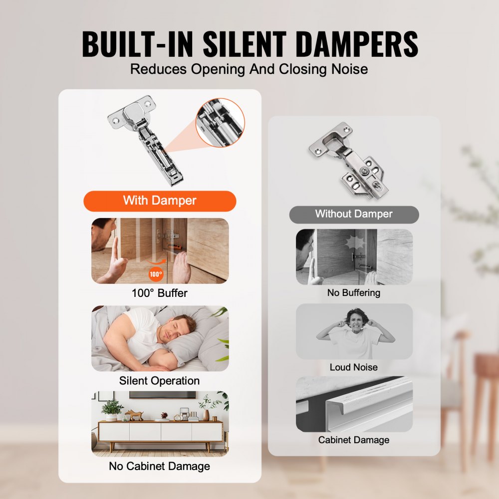 VEVOR Cabinet Hinges, 40 Packs Full Overlay Kitchen Cabinet Door Hinges, 100 Degree Opening Angel Soft Close Concealed Cupboard Hinges for Frameless Cabinet Type, with Mounting Screws