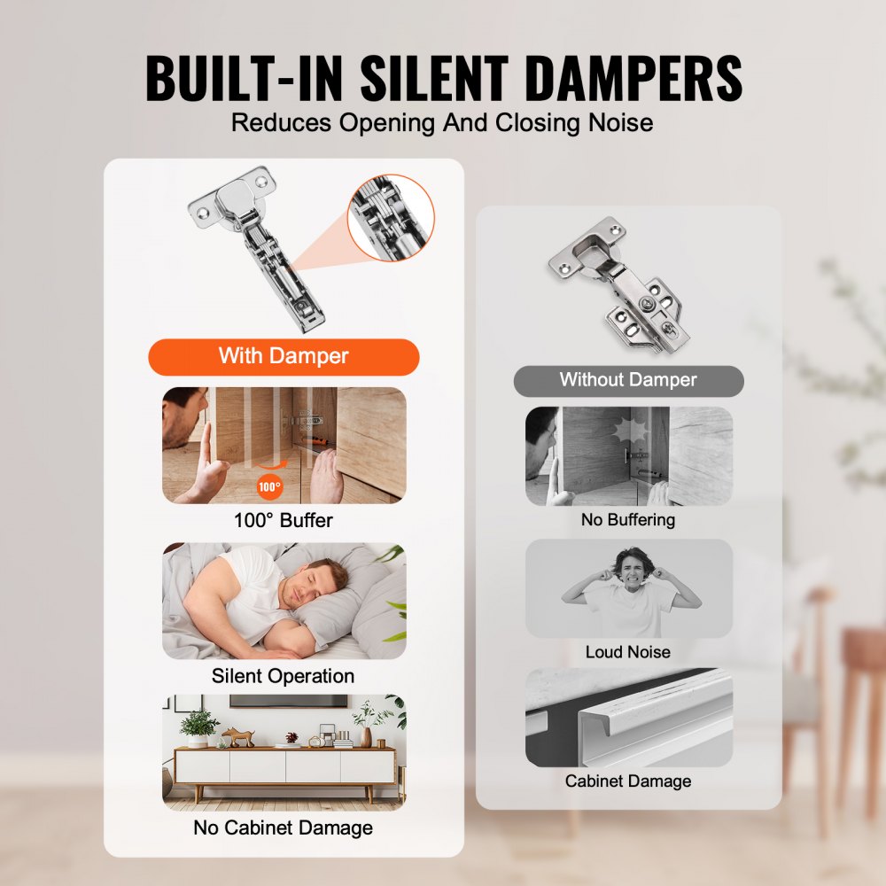VEVOR Cabinet Hinges, 60 Packs Full Overlay Kitchen Cabinet Door Hinges, 100 Degree Opening Angel Soft Close Concealed Cupboard Hinges for Frameless Cabinet Type, with Mounting Screws