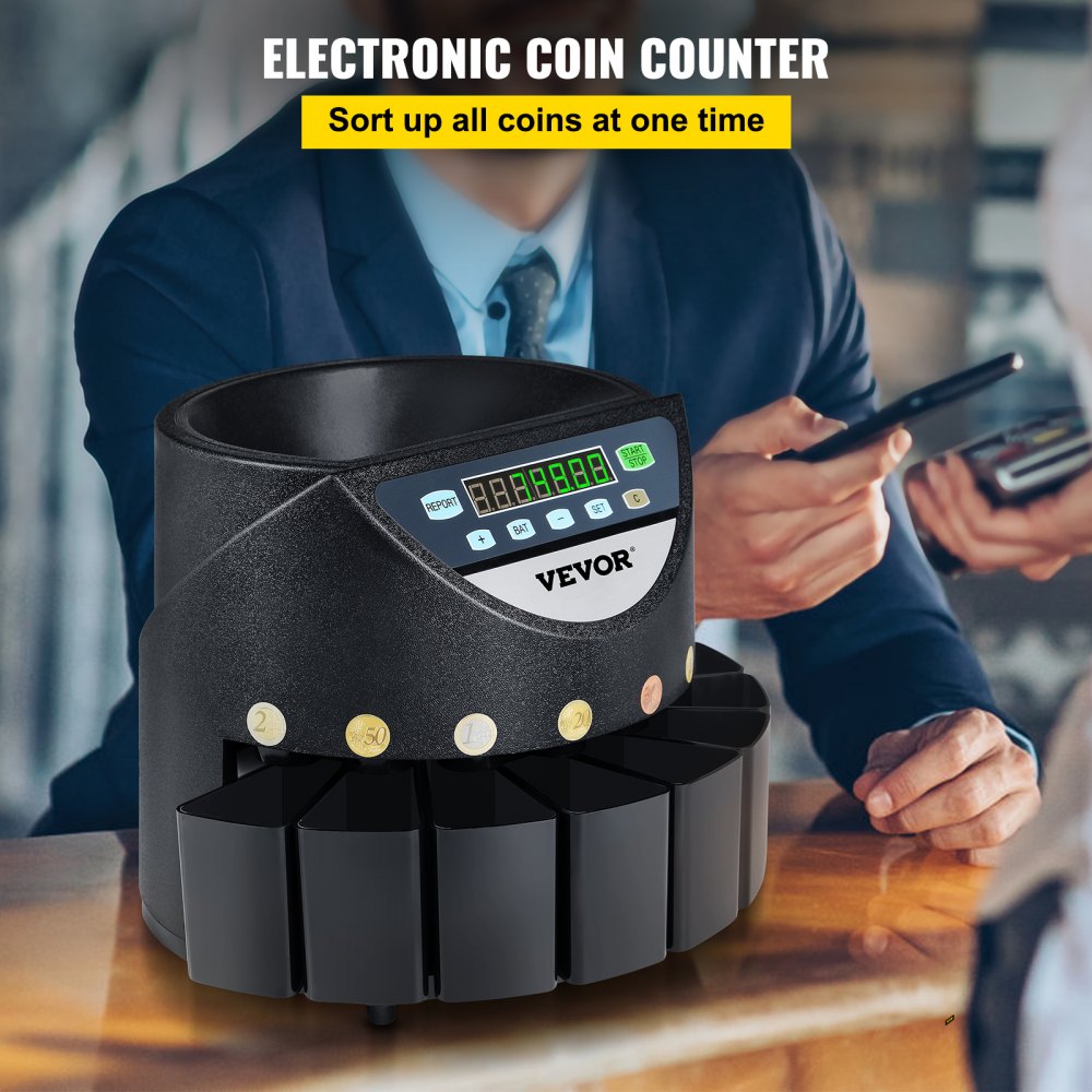 VEVOR USD Coin Sorter Coin Counter Wrapper and Roller 300 coins/min LCD Display
