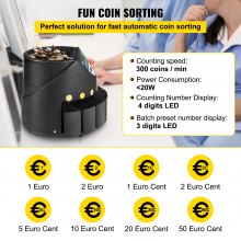 VEVOR Euro érme számláló válogató 500-1000 érme elektronikus automata EUR érme számláló gép 300 érme percenként 8 érmefiókkal iskolai boltbank számára