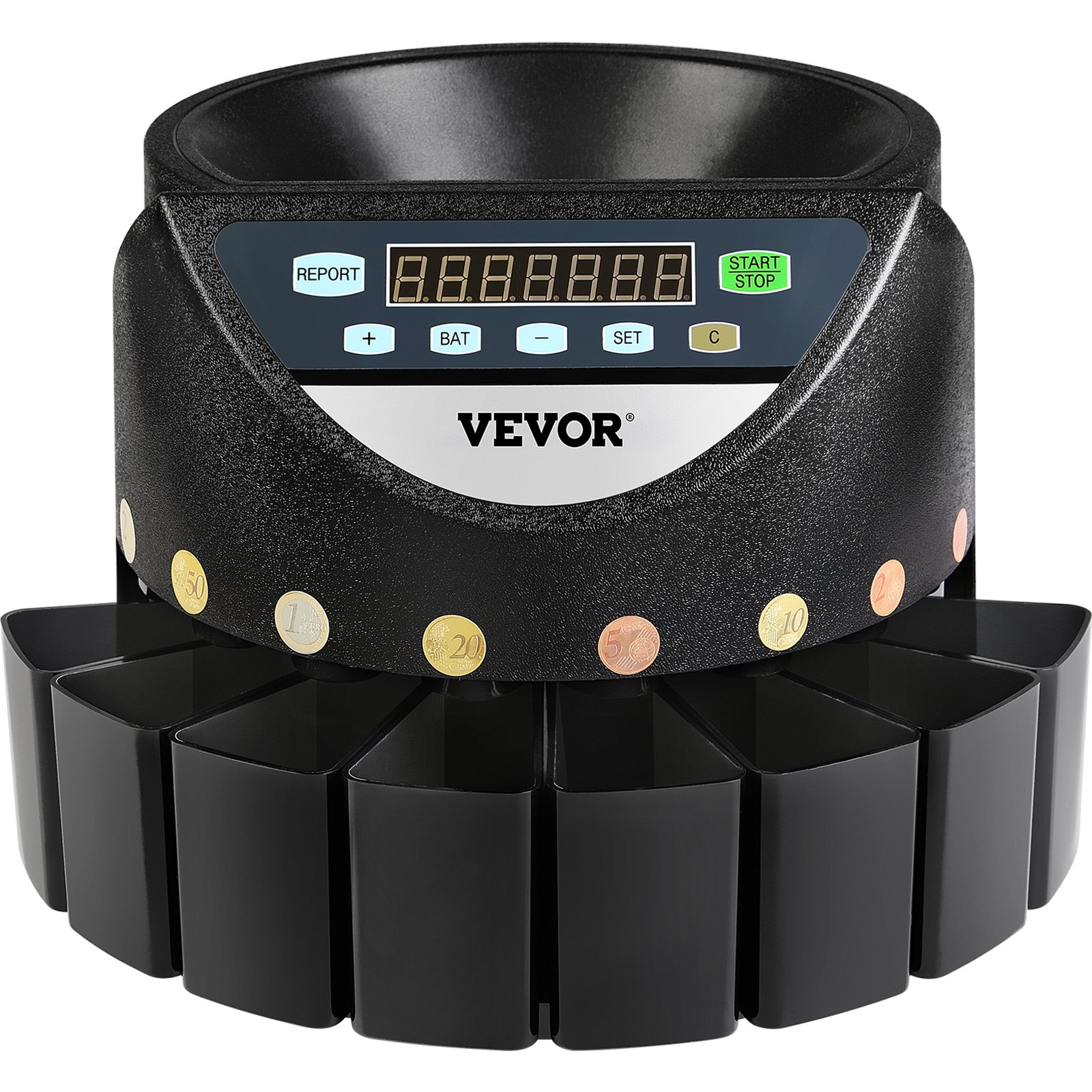 VEVOR Euro Coin Counter Sorter 500-1000 Coins Electronic Automatic EUR Coin Counting Machine 300 Coins Per Minute with 8 Coin Drawers for School Shop Bank