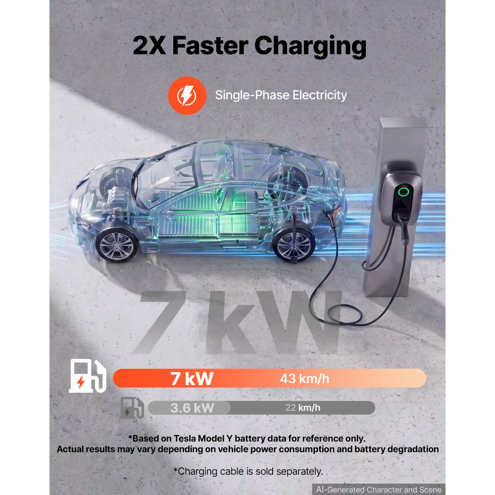 VEVOR Electric Vehicle Charging Station 7kW Single-Phase EV Charger, for All EVs and PHEVs, 230V AC Home Type 2 Smart Car Charging Wallbox, 32A Current, with APP Remote Control & LED Indicator, IP54