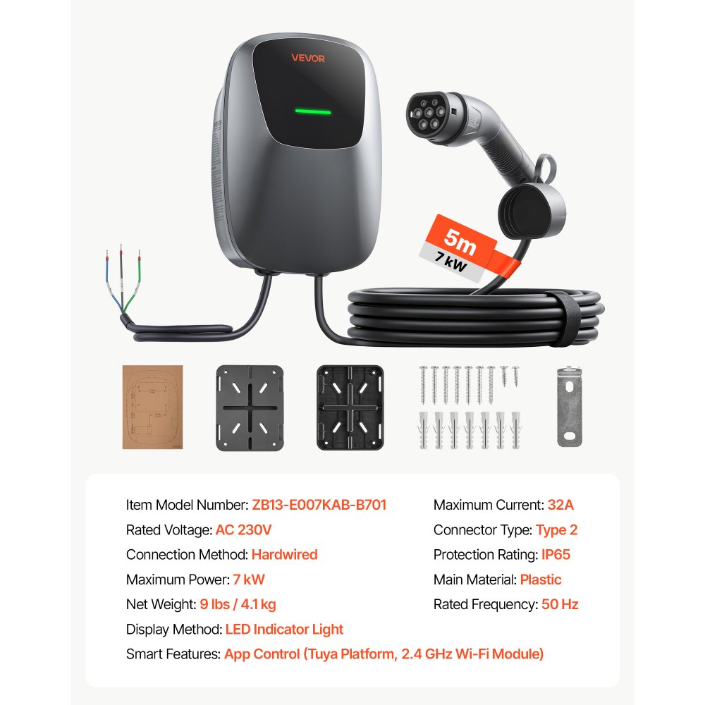 VEVOR Electric Vehicle Charging Station 7kW Single-Phase EV Charger 5M, for All EVs and PHEVs, 230V AC Home Type 2 Smart Car Wallbox, 32A Current, with APP Remote Control & LED Indicator, IP65