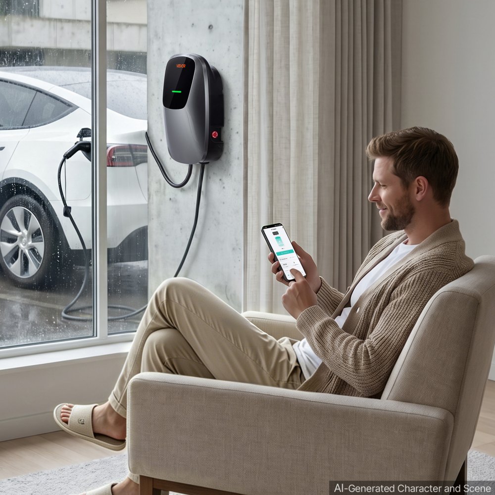 VEVOR Electric Vehicle Charging Station 7kW Single-Phase EV Charger 5M, for All EVs and PHEVs, 230V AC Home Type 2 Smart Car Wallbox, 32A Current, with APP Remote Control & LED Indicator, IP65