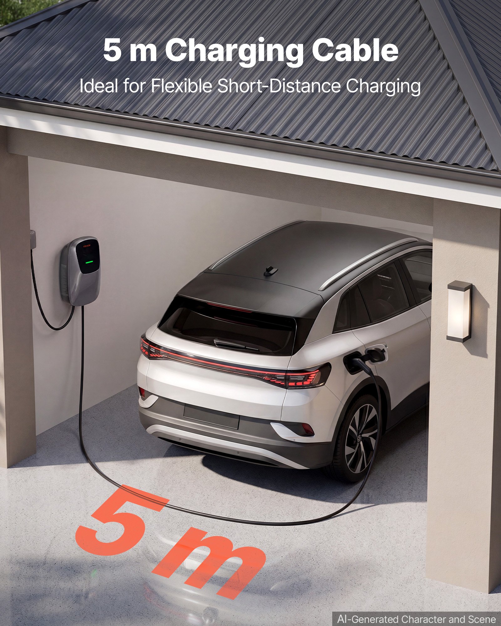 VEVOR Electric Vehicle Charging Station 7kW Single-Phase EV Charger 5M, for All EVs and PHEVs, 230V AC Home Type 2 Smart Car Wallbox, 32A Current, with APP Remote Control & LED Indicator, IP65
