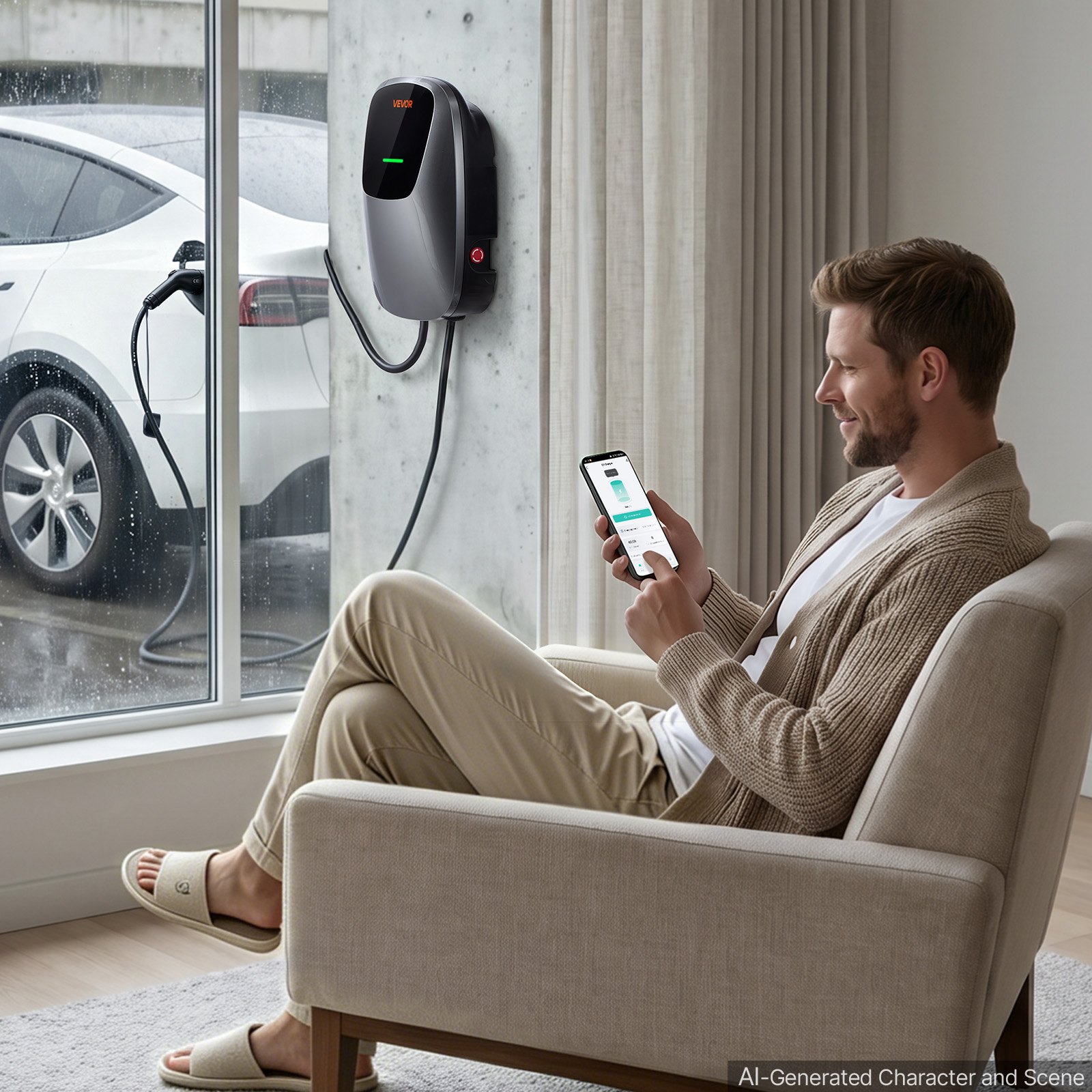 VEVOR Electric Vehicle Charging Station 11kW Three-Phase EV Charger 7.5M, for All EVs and PHEVs, 400V AC Home Type 2 Smart Car Wallbox, 16A Current, with APP Remote Control & LED Indicator, IP65