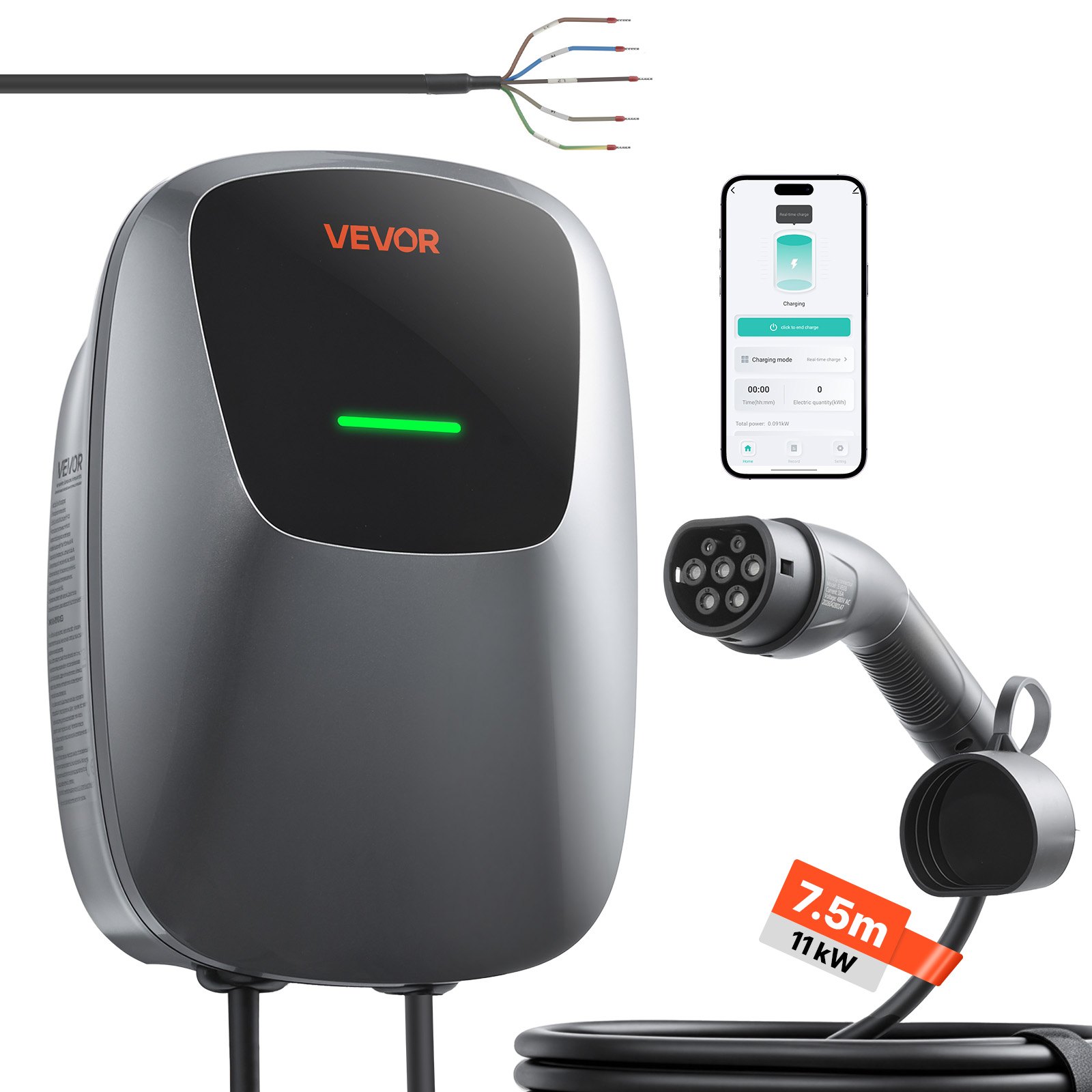 VEVOR Electric Vehicle Charging Station 11kW Three-Phase EV Charger 7.5M, for All EVs and PHEVs, 400V AC Home Type 2 Smart Car Wallbox, 16A Current, with APP Remote Control & LED Indicator, IP65