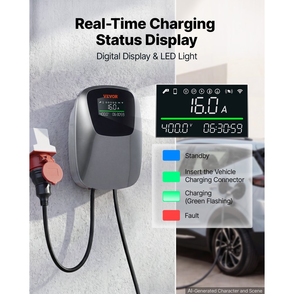 VEVOR Electric Vehicle Charging Station 11kW Three-Phase EV Charger CEE 16A, for All EVs and PHEVs, 400V AC Home Type 2 Smart Car Charging Wallbox, with APP Remote Control & Digital Display, IP65