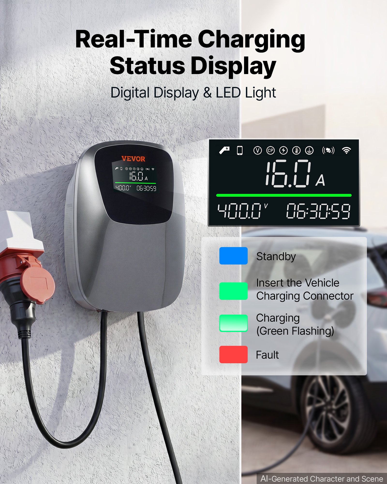VEVOR Electric Vehicle Charging Station 11kW Three-Phase EV Charger CEE 16A, for All EVs and PHEVs, 400V AC Home Type 2 Smart Car Charging Wallbox, with APP Remote Control & Digital Display, IP65