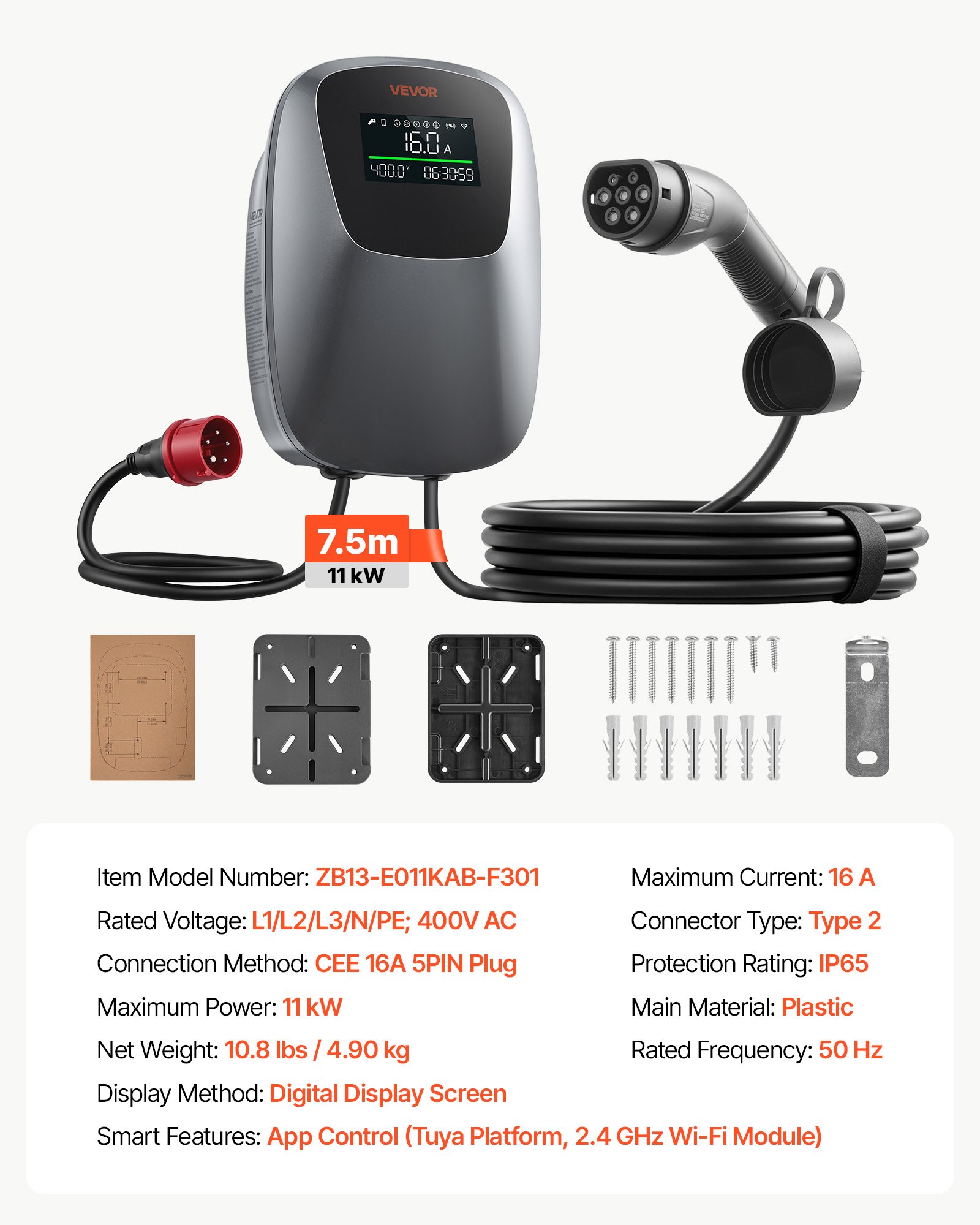 VEVOR Electric Vehicle Charging Station 11kW Three-Phase EV Charger CEE 16A, for All EVs and PHEVs, 400V AC Home Type 2 Smart Car Charging Wallbox, with APP Remote Control & Digital Display, IP65
