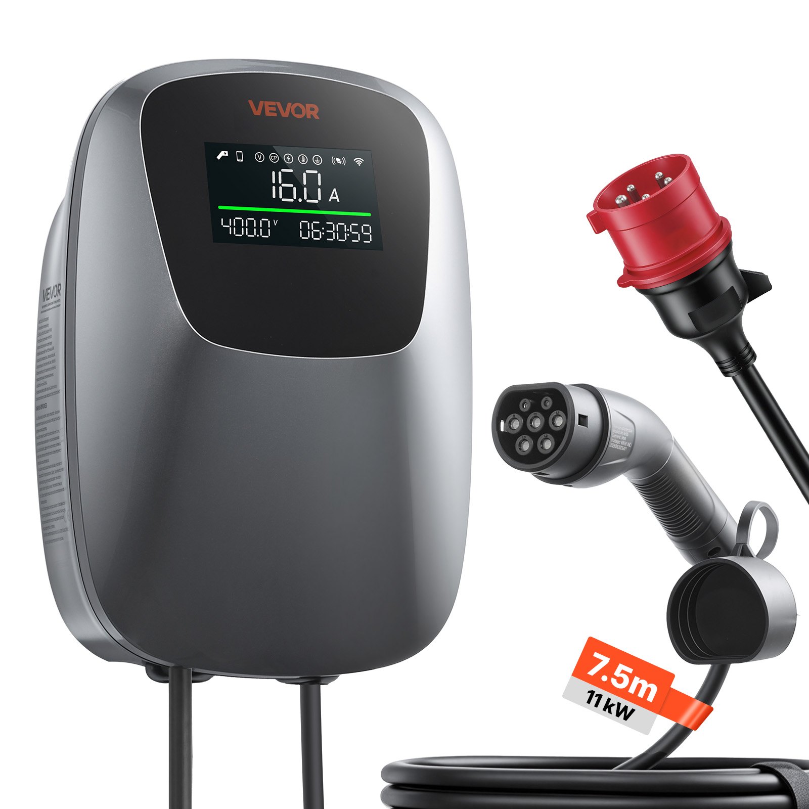VEVOR Electric Vehicle Charging Station 11kW Three-Phase EV Charger CEE 16A, for All EVs and PHEVs, 400V AC Home Type 2 Smart Car Charging Wallbox, with APP Remote Control & Digital Display, IP65