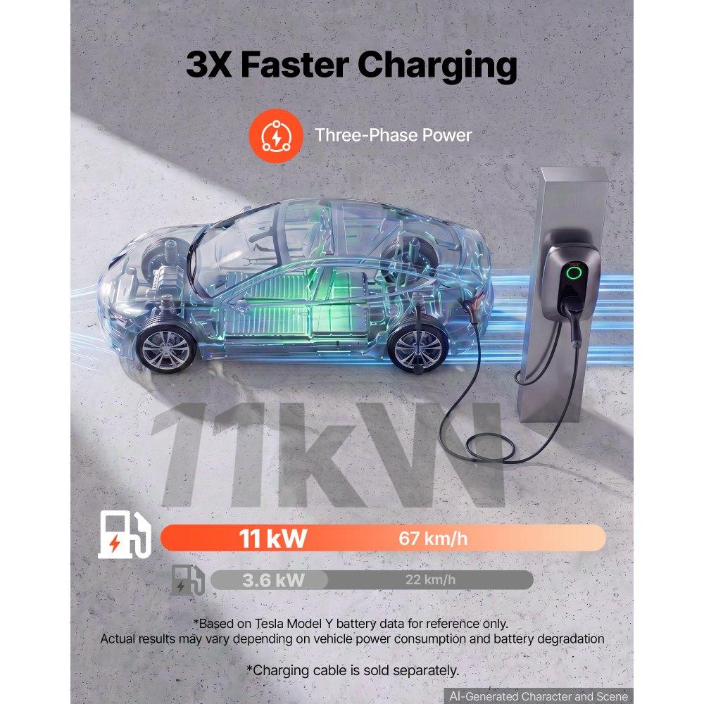 VEVOR Electric Vehicle Charging Station 11kW 400VAC Three-Phase EV Charger, for All EVs and PHEVs, Home Type 2 Smart Car Charging Wallbox, 16A Current, with APP Remote Control & LED Indicator, IP54