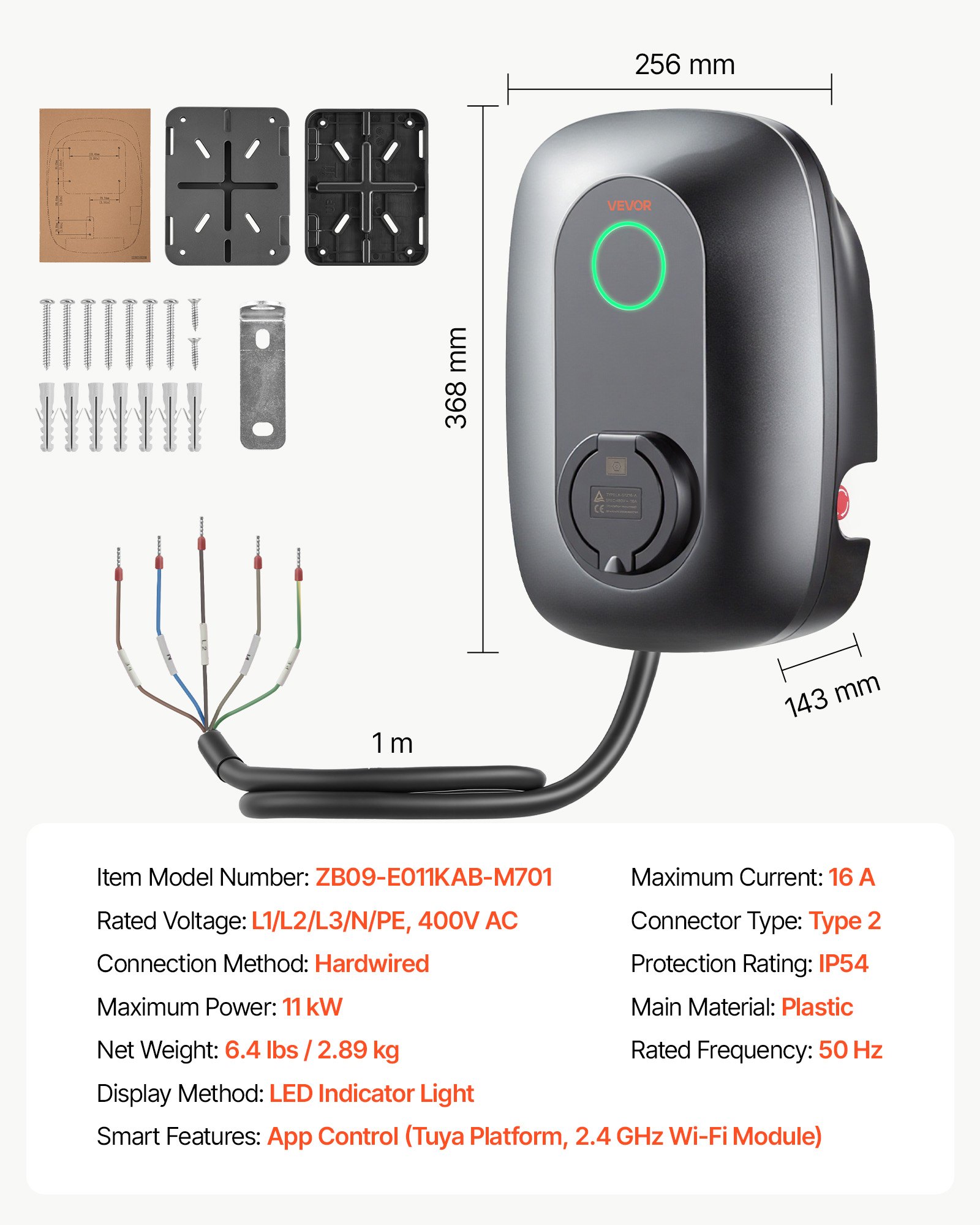 VEVOR Electric Vehicle Charging Station 11kW 400VAC Three-Phase EV Charger, for All EVs and PHEVs, Home Type 2 Smart Car Charging Wallbox, 16A Current, with APP Remote Control & LED Indicator, IP54
