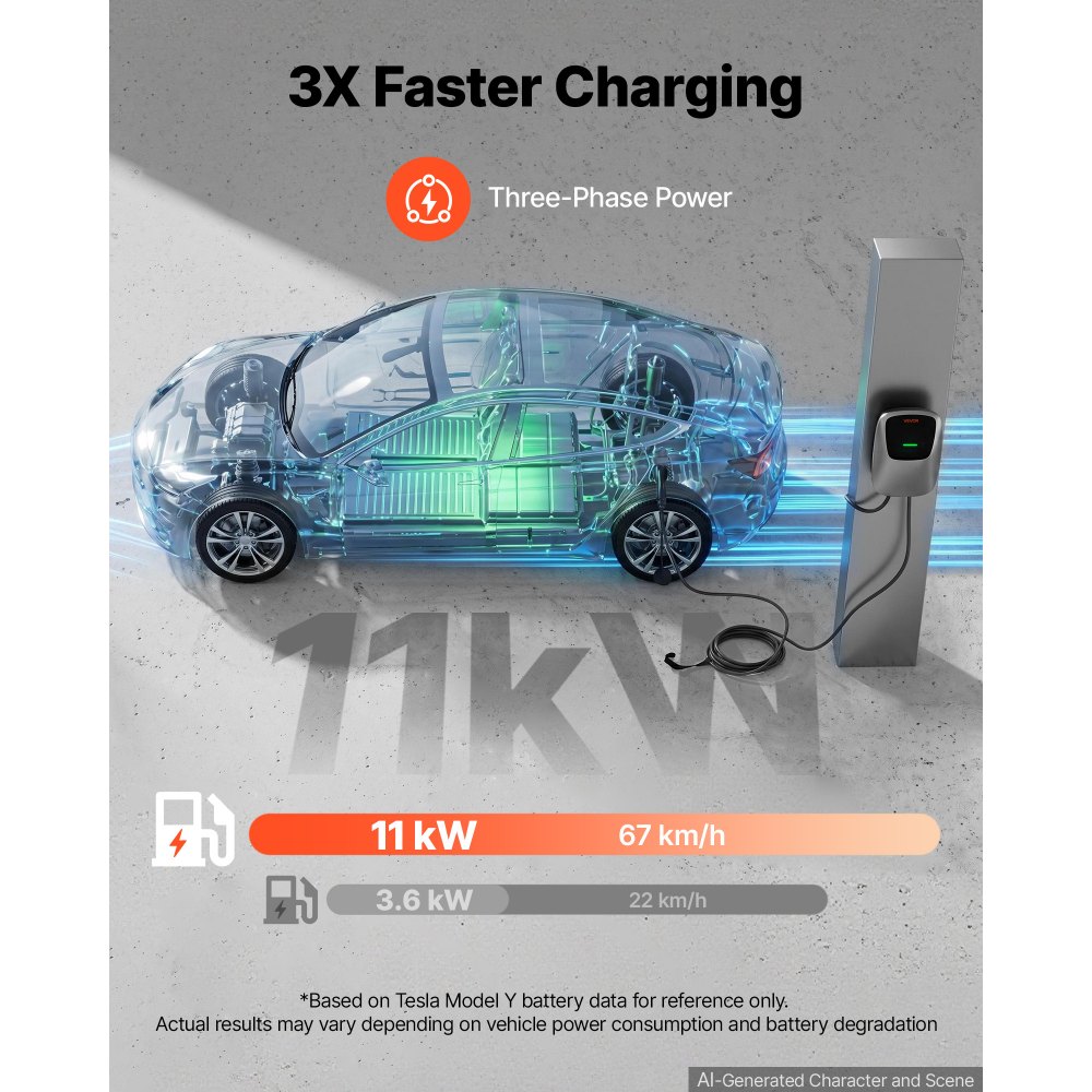 VEVOR Electric Vehicle Charging Station 11kW Three-Phase EV Charger 5M, for All EVs and PHEVs, 400V AC Home Type 2 Smart Car Wallbox, 16A Current, with APP Remote Control & LED Indicator, IP65