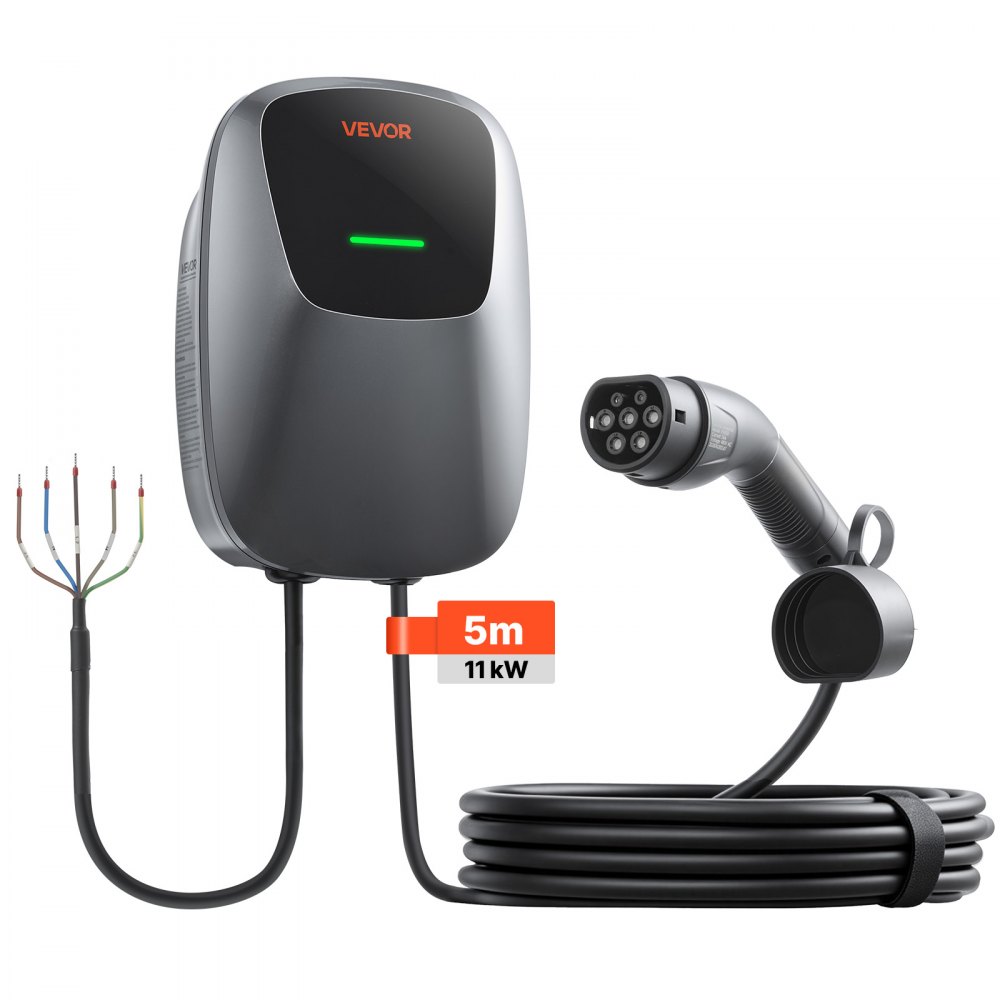 VEVOR Electric Vehicle Charging Station 11kW Three-Phase EV Charger 5M, for All EVs and PHEVs, 400V AC Home Type 2 Smart Car Wallbox, 16A Current, with APP Remote Control & LED Indicator, IP65