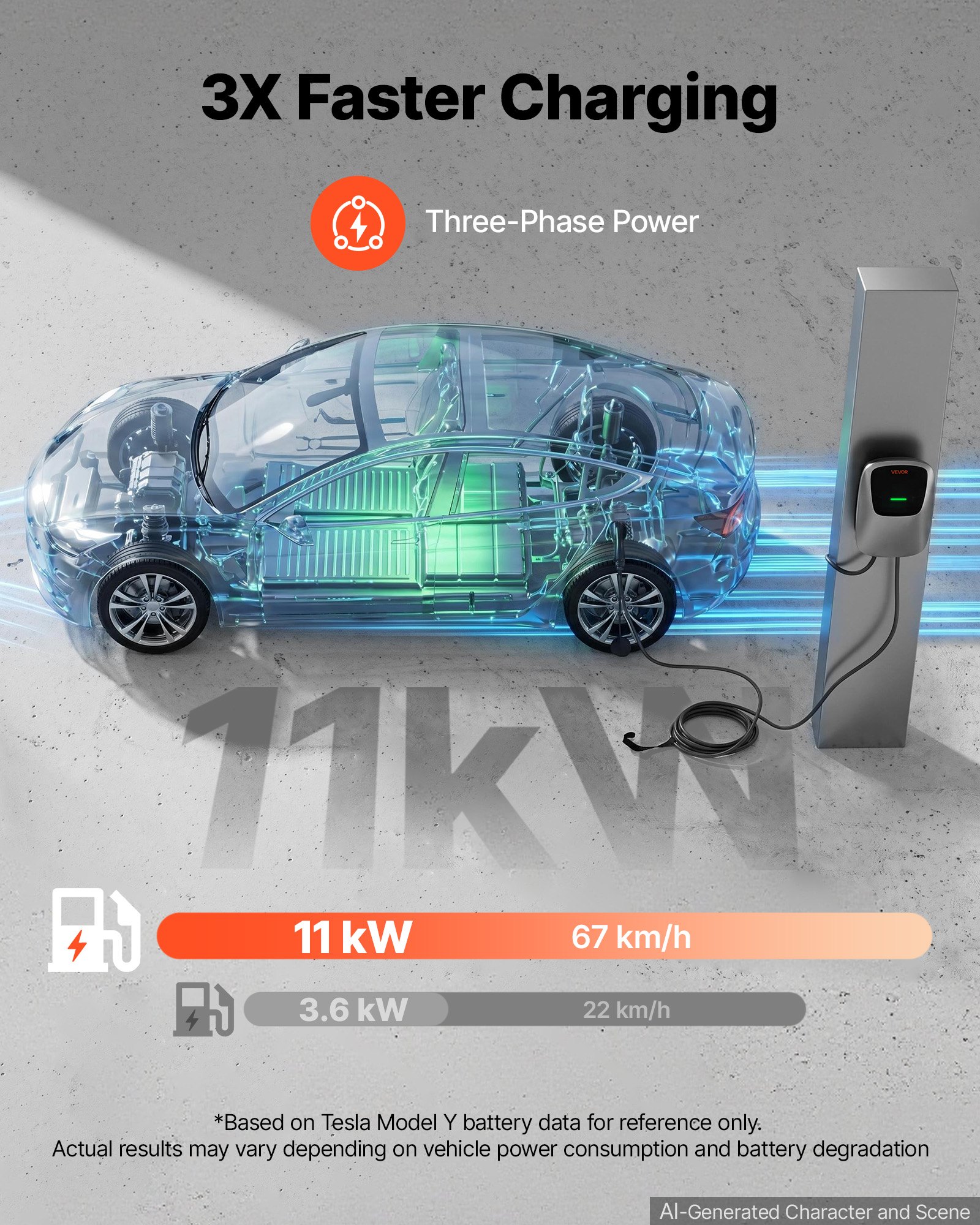 VEVOR Electric Vehicle Charging Station 11kW Three-Phase EV Charger 5M, for All EVs and PHEVs, 400V AC Home Type 2 Smart Car Wallbox, 16A Current, with APP Remote Control & LED Indicator, IP65