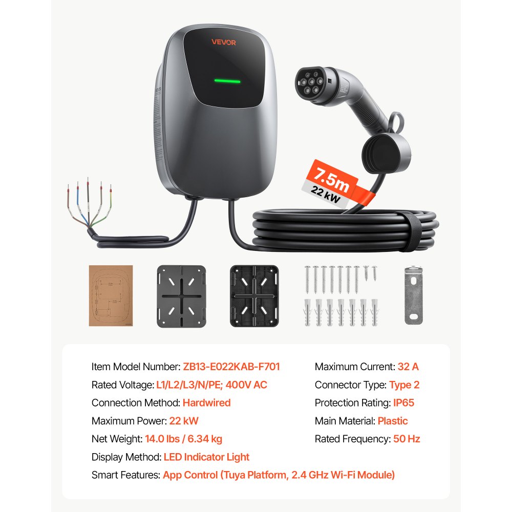 VEVOR Electric Vehicle Charging Station 22kW Three-Phase EV Charger 7.5M, for All EVs and PHEVs, 400V AC Home Type 2 Smart Car Wallbox, 32A Current, with APP Remote Control & LED Indicator, IP65