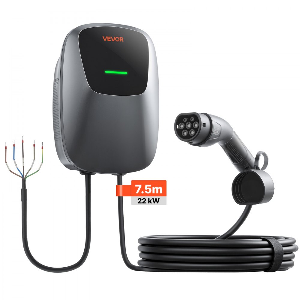 VEVOR Electric Vehicle Charging Station 22kW Three-Phase EV Charger 7.5M, for All EVs and PHEVs, 400V AC Home Type 2 Smart Car Wallbox, 32A Current, with APP Remote Control & LED Indicator, IP65