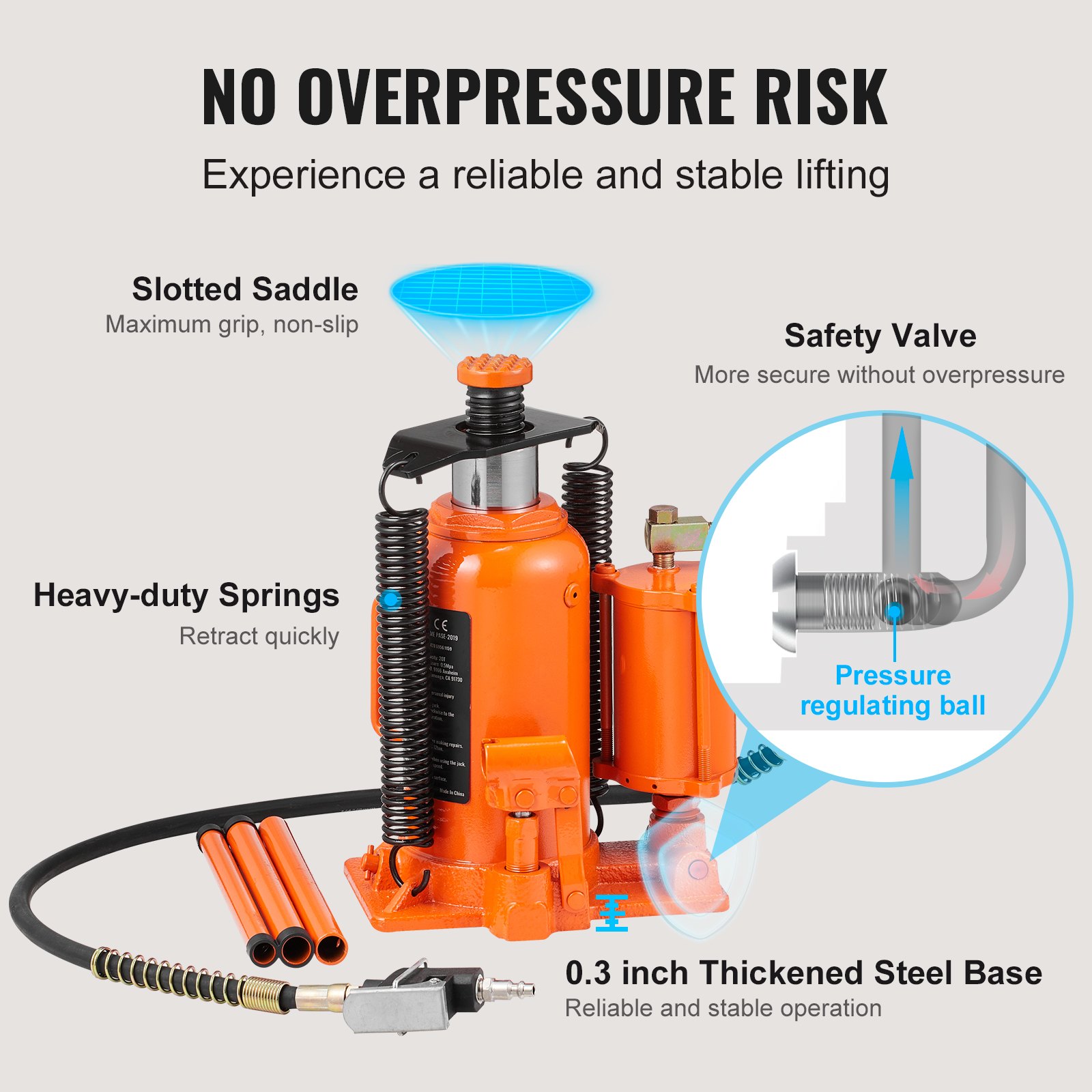 VEVOR Air Hydraulic Bottle Jack, 20 Ton/40000 LBS All Welded Bottle Jack, 265 - 500 mm Lifting Range, Manual Handle and Air Pump, for Car, Pickup, Truck, RV, Auto Repair, Industrial Engineering