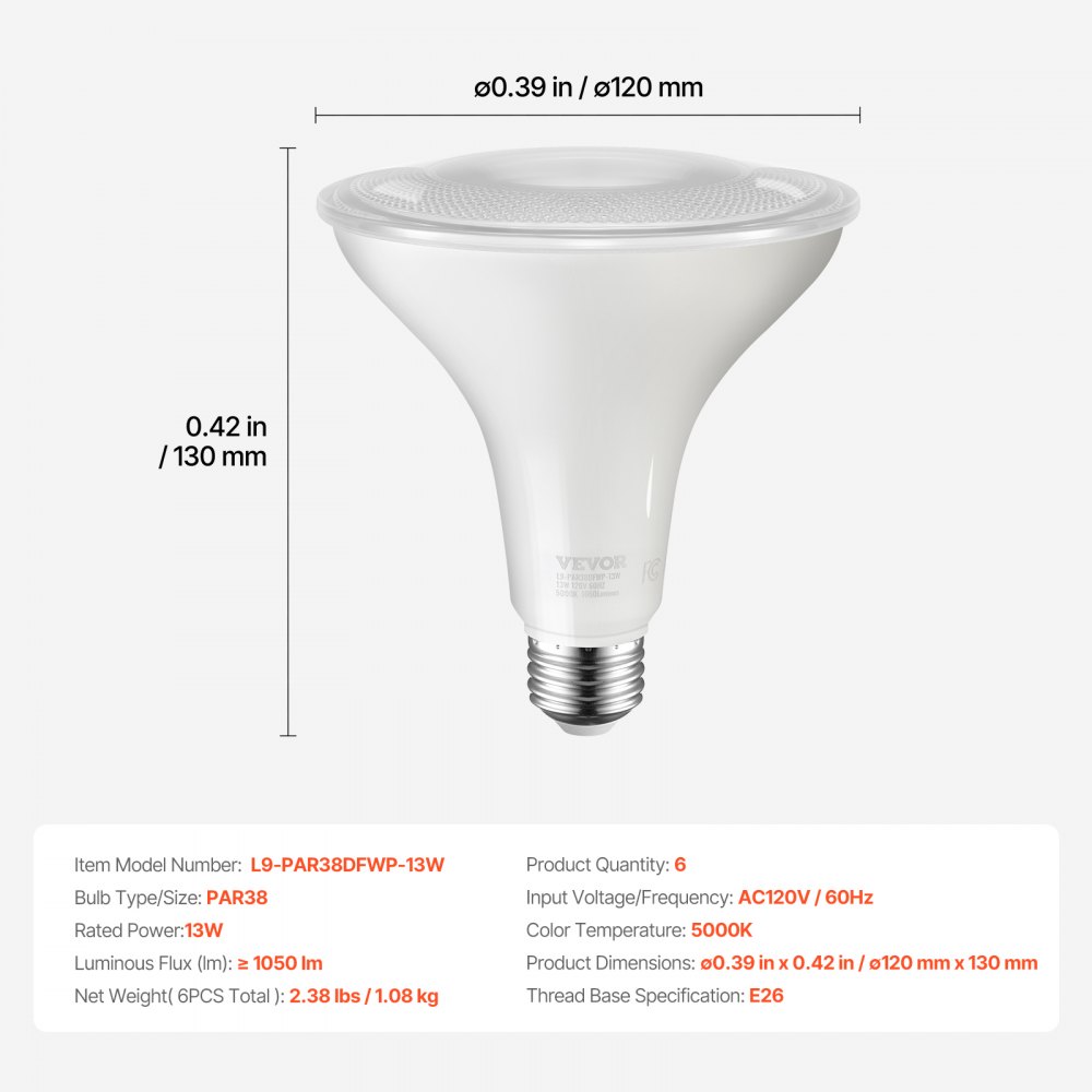 VEVOR PAR38 Flood Light Bulb, 6 Pack LED Outdoor Flood Lights, 1050 Lumens LED Flood Light Bulbs, 5000K Cool White Light, 15,000 Hour Lifetime, Weatherability Stepless Dimmable Recessed Can Light Bulb