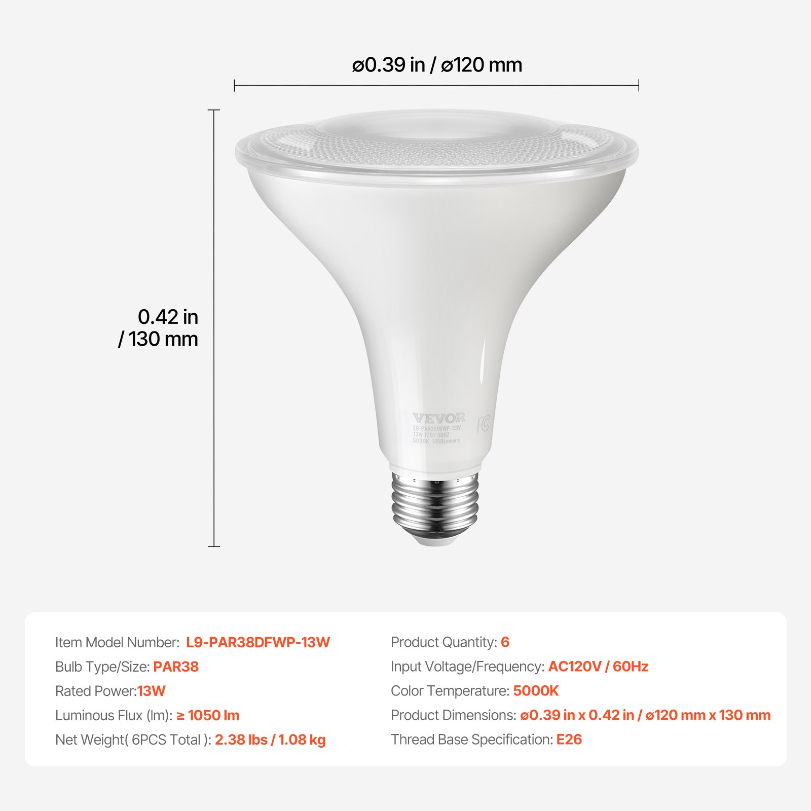 VEVOR PAR38 Flood Light Bulb, 6 Pack LED Outdoor Flood Lights, 1050 Lumens LED Flood Light Bulbs, 5000K Cool White Light, 15,000 Hour Lifetime, Weatherability Stepless Dimmable Recessed Can Light Bulb