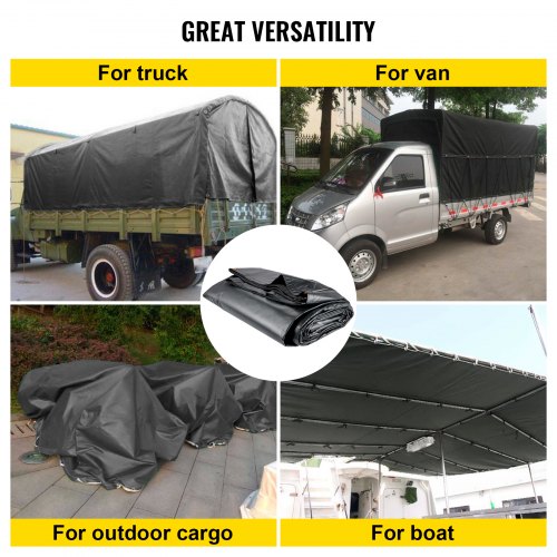 VEVOR Flatbed Tarps, 18OZ Flatbed Truck Tarp, 16x20 Ft Vinyl Lumber Tarp, Black Heavy Duty Trailer Tarp with Stainless Steel D Rings and a Flap For Trucks, Vans, Small Boats, Machinery & Outdoor Mater