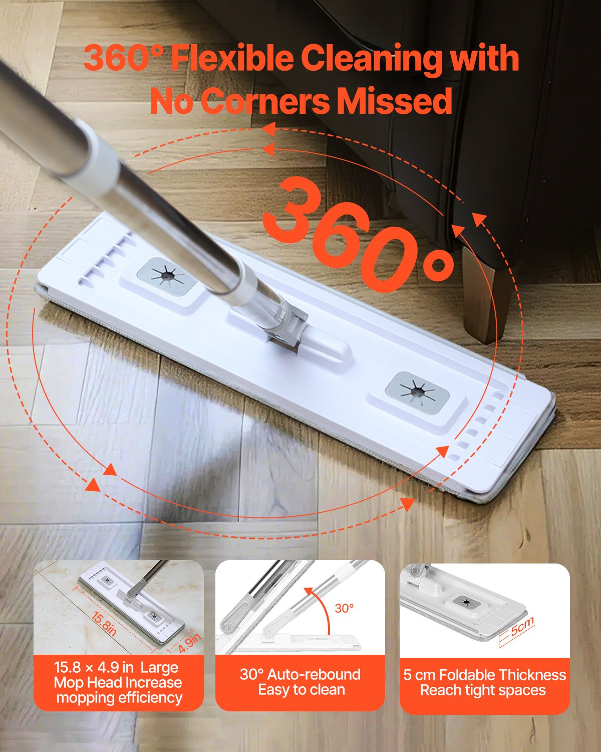 VEVOR Mop and Bucket with Wringer Set, Wet & Dry Use, Flat Mop and Bucket System with 3 Washable Microfiber Pads, Flat Mop with Stainless Steel Handle, Mop Bucket Set for Hardwood Tile Vinyl