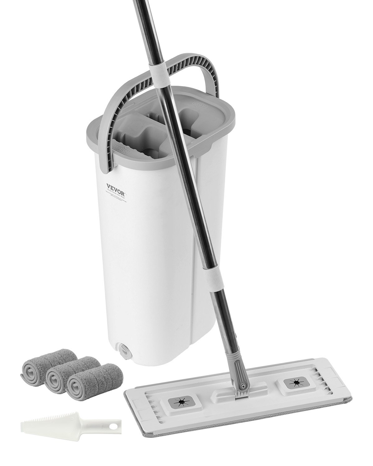 VEVOR Mop and Bucket with Wringer Set, Wet & Dry Use, Flat Mop and Bucket System with 3 Washable Microfiber Pads, Flat Mop with Stainless Steel Handle, Mop Bucket Set for Hardwood Tile Vinyl