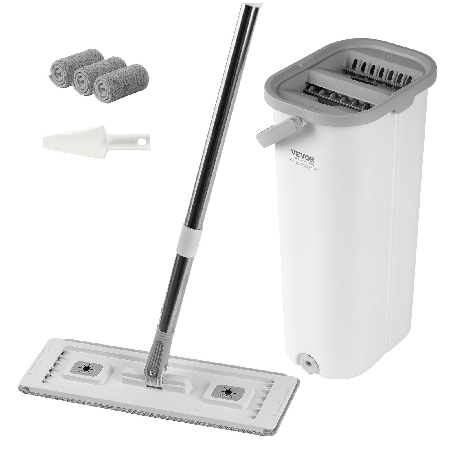 VEVOR Mop and Bucket with Wringer Set, Wet & Dry Use, Flat Mop and Bucket System with 3 Washable Microfiber Pads, Flat Mop with Stainless Steel Handle, Mop Bucket Set for Hardwood Tile Vinyl
