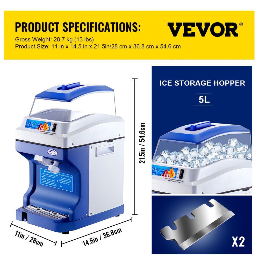 VEVOR Commercial Ice Shaver 441 LBS/H Ice Shaving Capacity, Ice Shaving Machine with 11 LBS Hopper, Ice Shaver Machine Electric 300 W Snow Cone Maker 320 RPM Rotate Speed, Shaved Ice Maker Machine