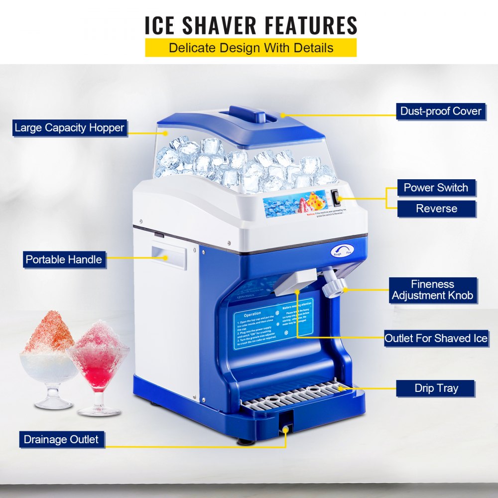VEVOR Commercial Ice Shaver 441 LBS/H Ice Shaving Capacity, Ice Shaving Machine with 11 LBS Hopper, Ice Shaver Machine Electric 300 W Snow Cone Maker 320 RPM Rotate Speed, Shaved Ice Maker Machine