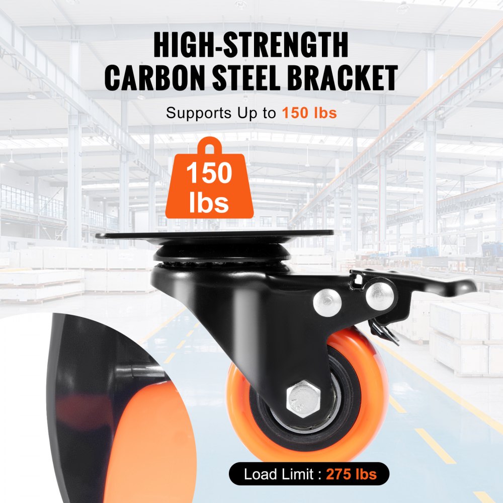 VEVOR caster wheels with high-strength carbon steel bracket, support up to 150 lbs, load limit 275 lbs.