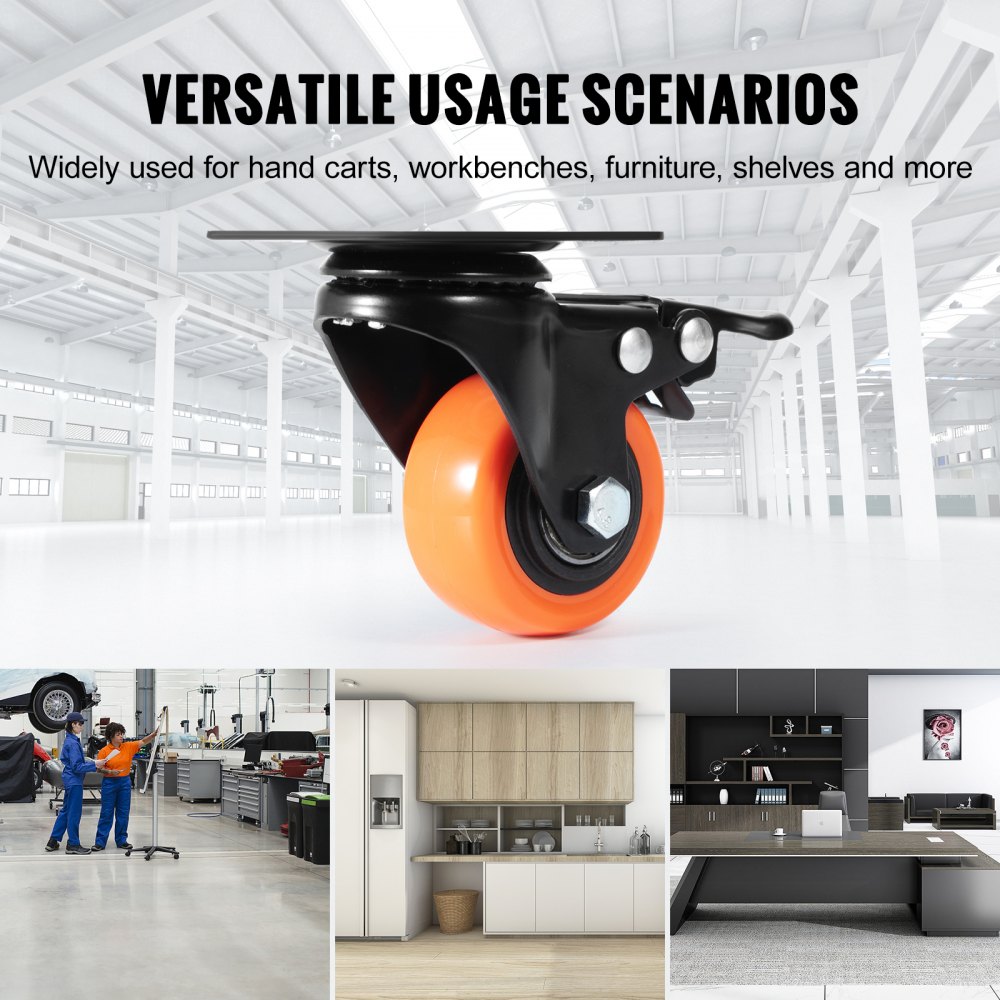 VEVOR caster wheels, ideal for hand carts, workbenches, furniture, and shelves in versatile settings.