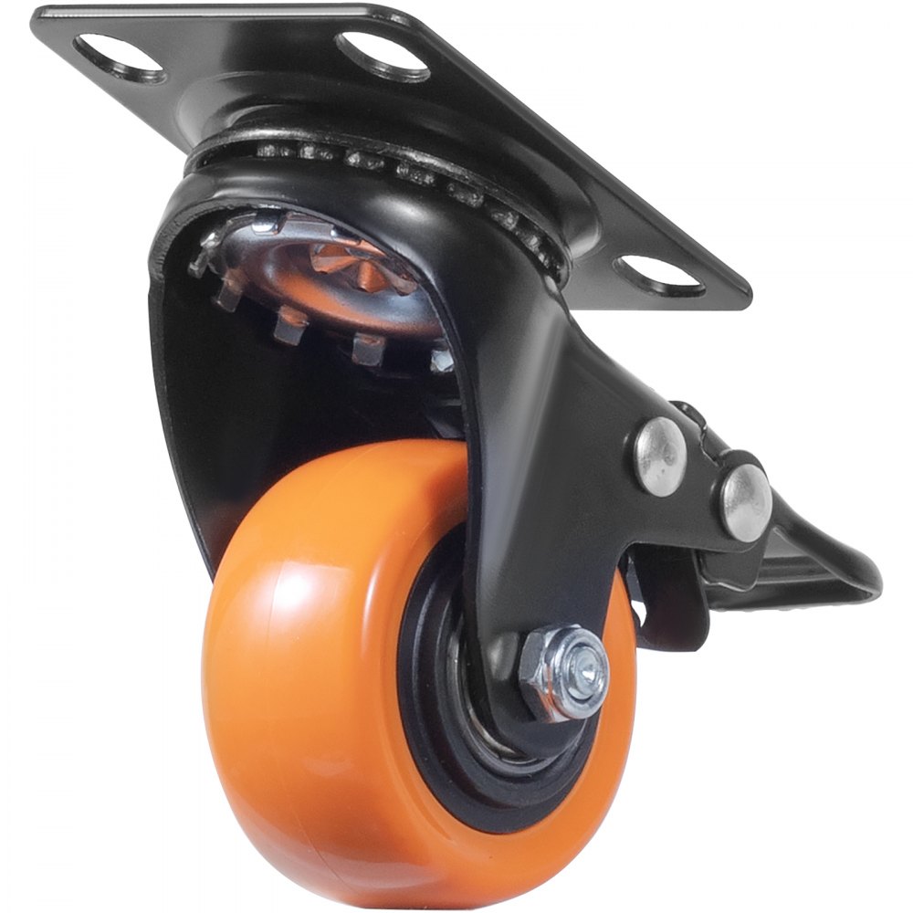 orange VEVOR caster wheel with a black mounting plate and brake lever mechanism for versatile usage.