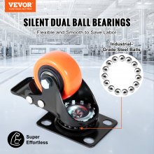 VEVOR Caster Wheels, 50.8 mm Swivel Plate Casters, Set of 4, with Security Dual Locking No Noise PVC Wheels, Heavy Duty 68 kg Load Capacity Per Caster, Non-Marking Wheels for Cart Furniture Workbench