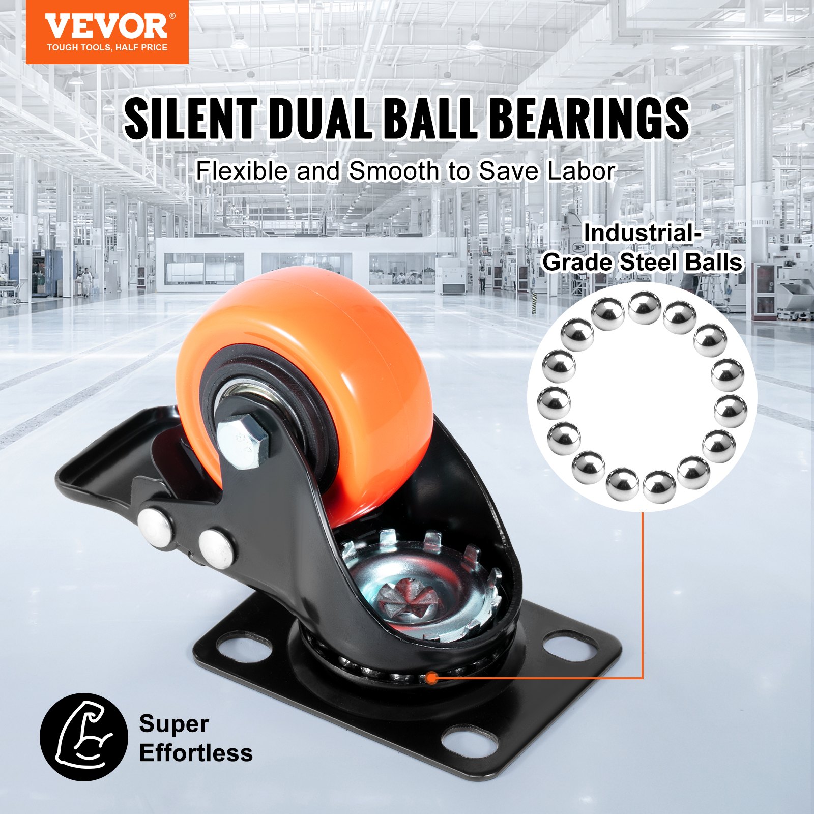 VEVOR caster wheels with silent dual ball bearings, industrial-grade steel balls, and smooth design.