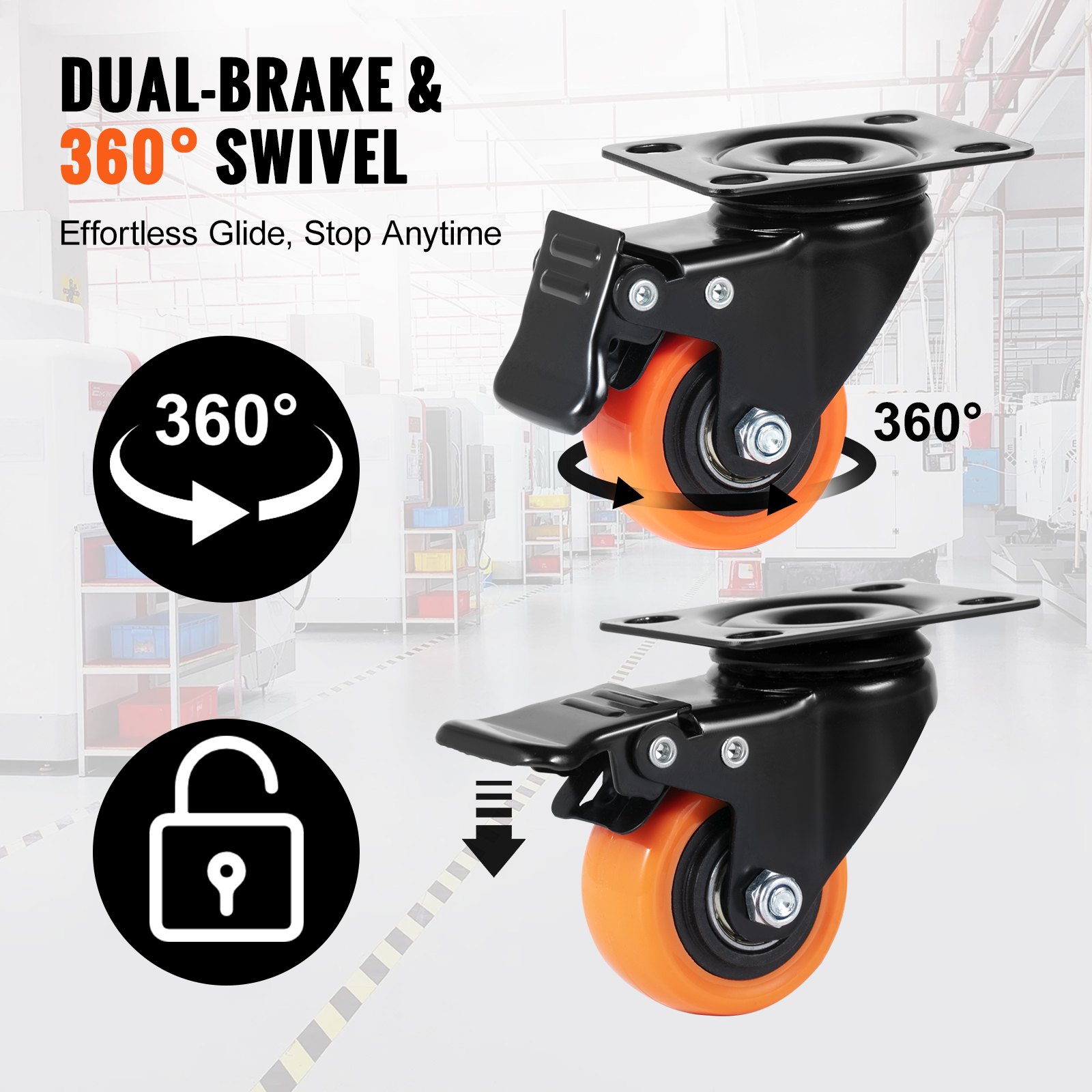 VEVOR caster wheels with dual-brake and 360-degree swivel for effortless glide and stop anytime.