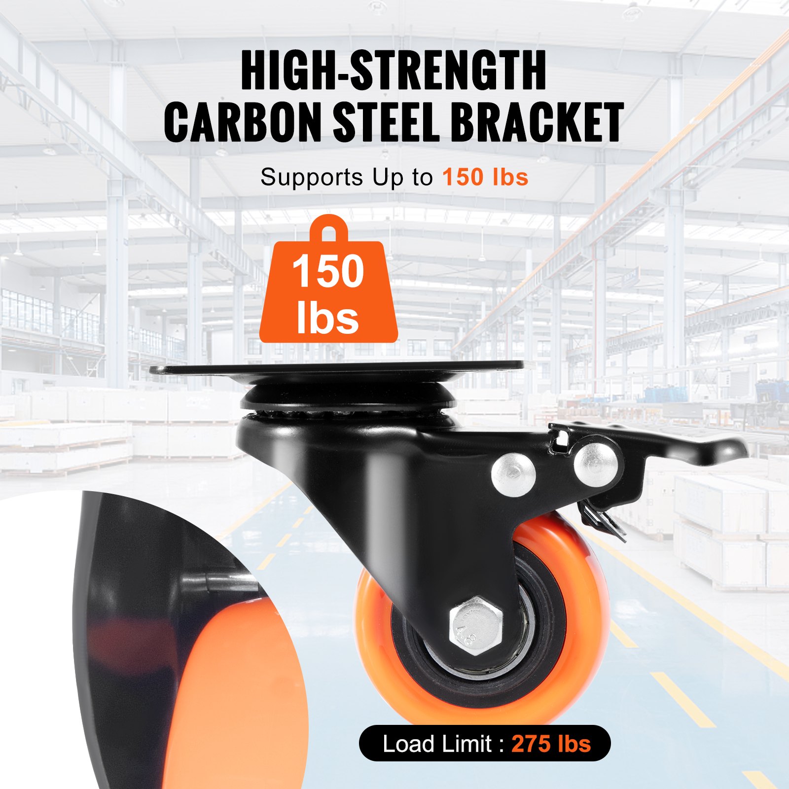 VEVOR caster wheels with high-strength carbon steel bracket, support up to 150 lbs, load limit 275 lbs.