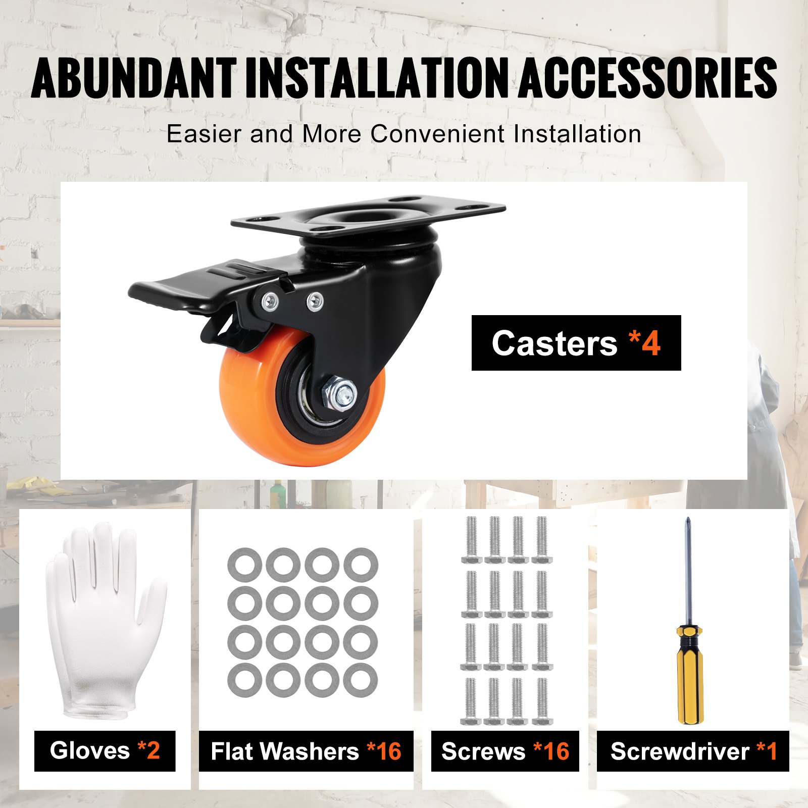 VEVOR caster wheels set with gloves, flat washers, screws, and a screwdriver for easy installation.