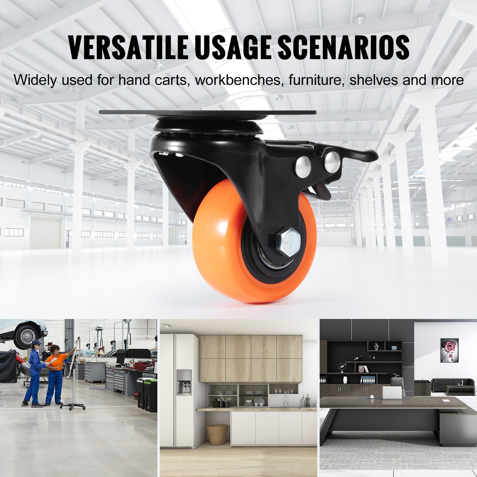 VEVOR caster wheels, ideal for hand carts, workbenches, furniture, and shelves in versatile settings.
